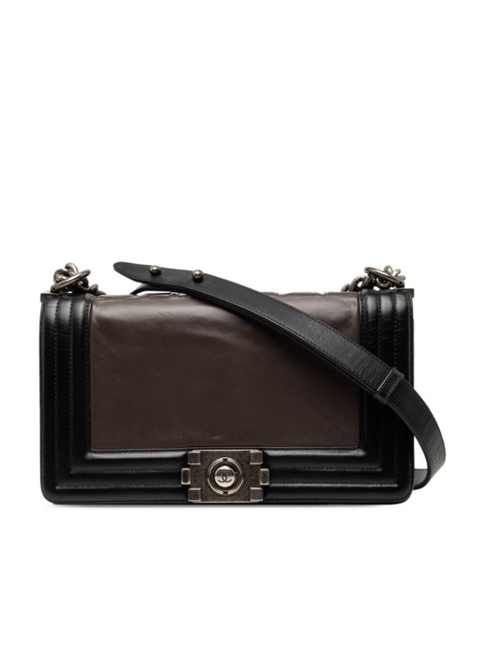 Chanel CC Logo Boy Chain Shoulder Bag Black Brown Leather